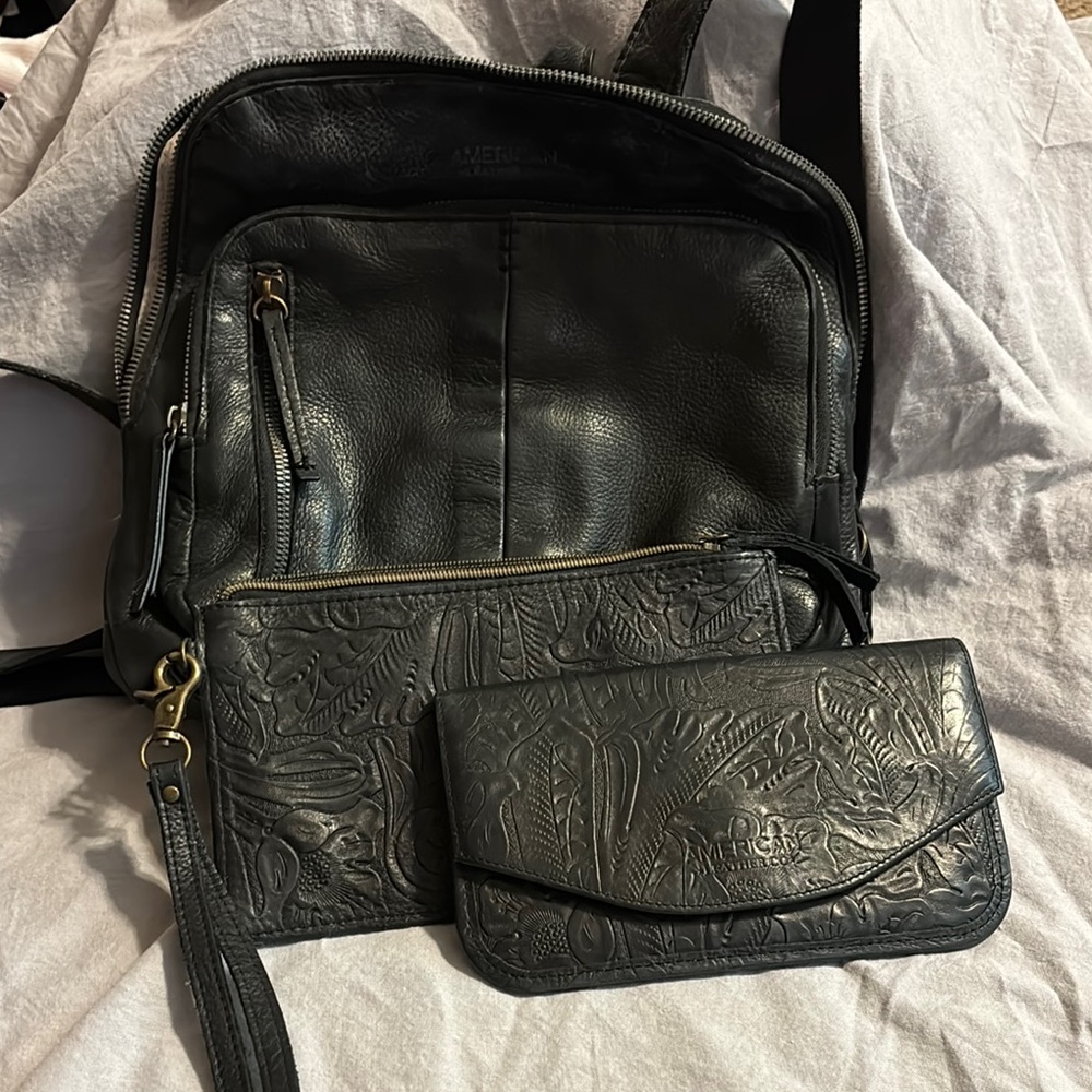 American Leather Co Black Leather Backpack purse and Wallet Set
